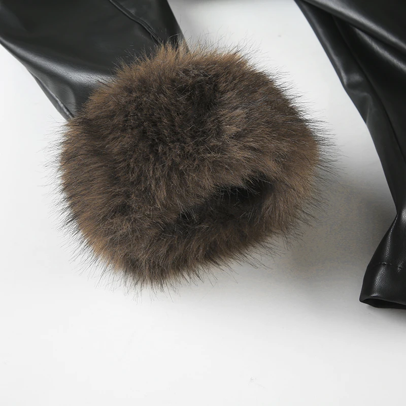 Faux Leather Fur Turndown Collar Jacket Korean Stylish Winter Cardigan Coat Punk Vintage 90s Women Outwear Chic Fall