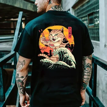 Cartoon Anime Samurai Cat Printed T Shirt For Men Outdoor Hip Hop Harajuku Vintage Clothes Casual O-neck Loose Short Sleeve Tees 6