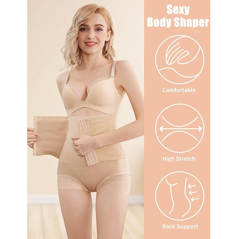 Women Tummy Control Shapewear Panties High Waisted Seamless Body Shaper Panty with Hooks Butt Lifter Slim Abdomen Lace Shorts