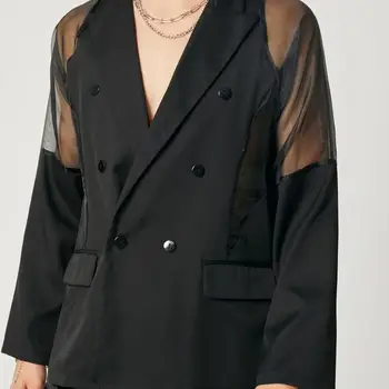 남성 블레이저 메쉬 패치 워크 더블 브레스트 옷깃 긴 소매 얇은 코트 Streetwear 패션 남성 캐주얼 정장 INCERUN