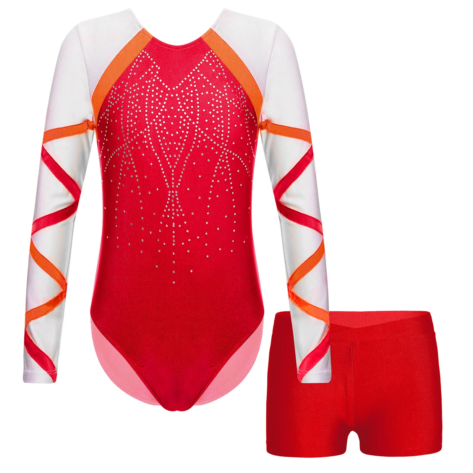 Kids Girls Ballet Gymnastics Outfit Rhinestones Rhythmic Gymnastic Leotard Bodysuit with Shorts Teens Stage Performance Clothes