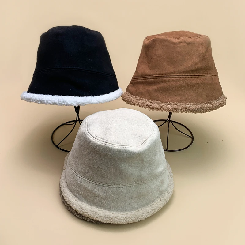 

New Suede Double Sided Wear Berber Fleece Plush Bucket Hat Women Men Autumn and Winter Versatile Warm Fashion Soft Temperamental