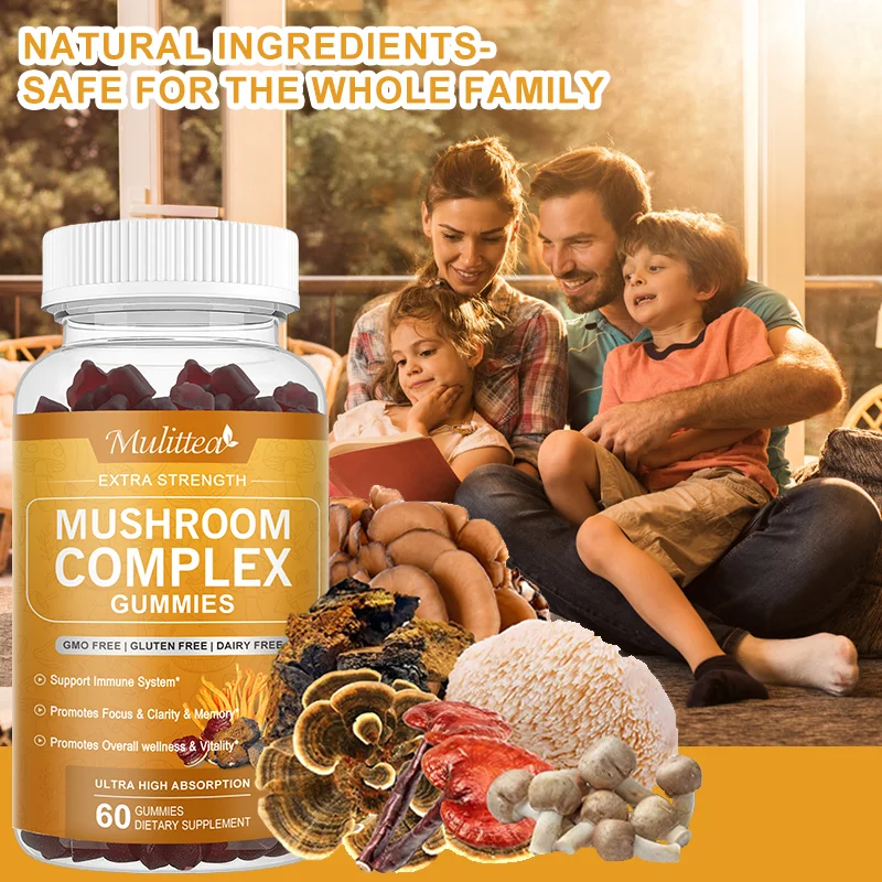 Mulittea Lion's Mane Mushroom Complex Gummies with Chaga Reishi Cordyceps for Focus Memory Relief Stress Better Mood