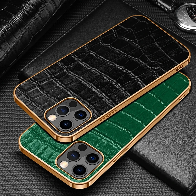 

Luxury Genuine Leather Soft Case For Iphone 14 13 12 11 Pro Max Plus Mini Plating Crocodile Pattern Lens Protection Phone Cover