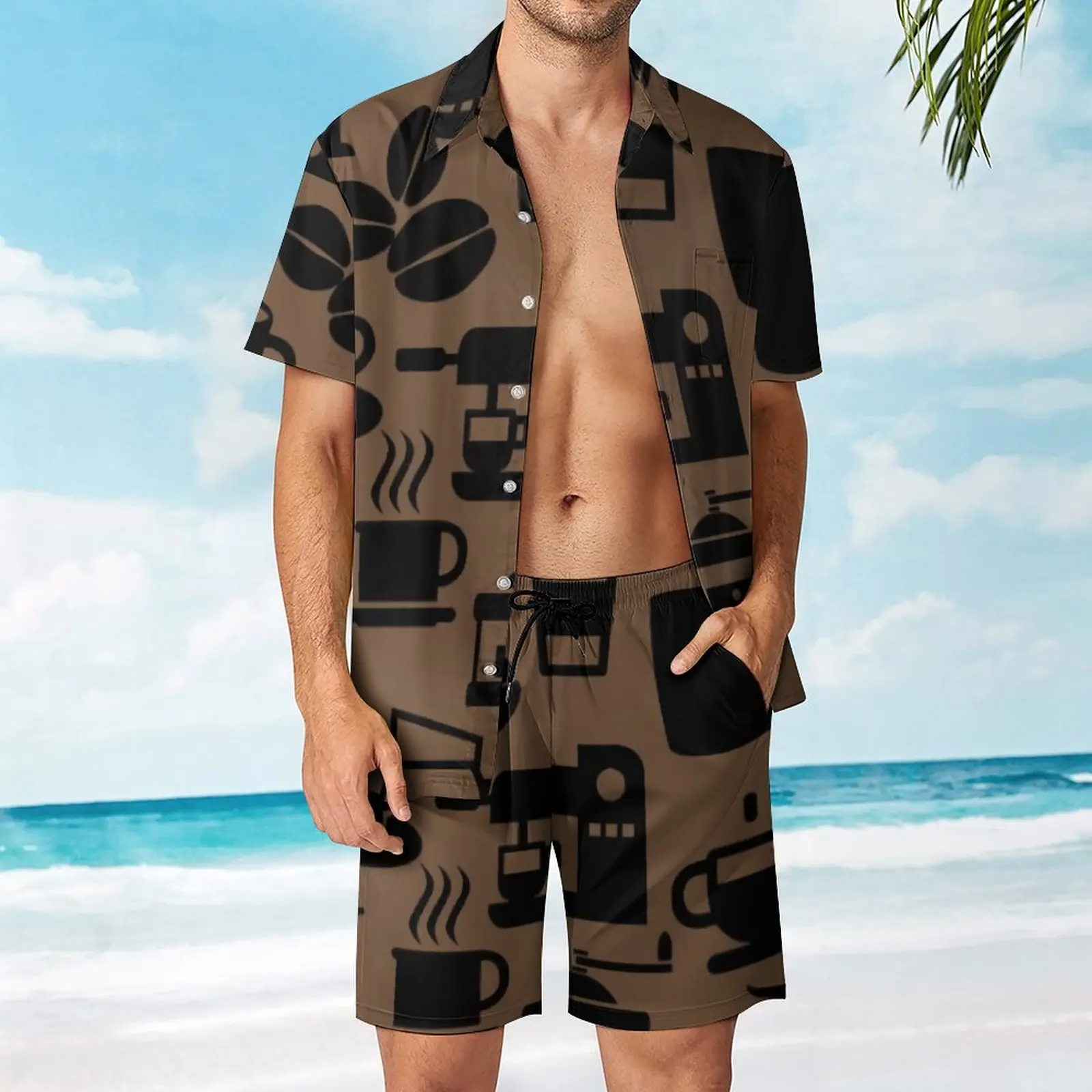 

2 Pieces Pantdress COFFEE PATTERN BROWN Vintage Men's Beach Suit Funny Running USA Size