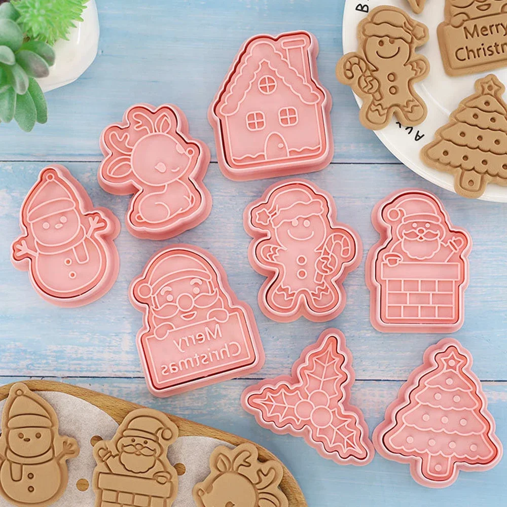8Pcs Christmas Cookie Cutters Santa Claus Snowflake Cookie Molds Biscuits Embosser Stamp Christmas Baking Accessories Decoration