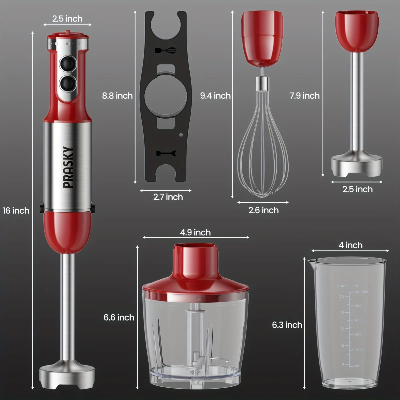 PRASKY 5-in-1 Handheld Immersion Blender with High Power Motor & Multi-Attachment System - Powerful Motor, Whisk, Meat Chopper 3