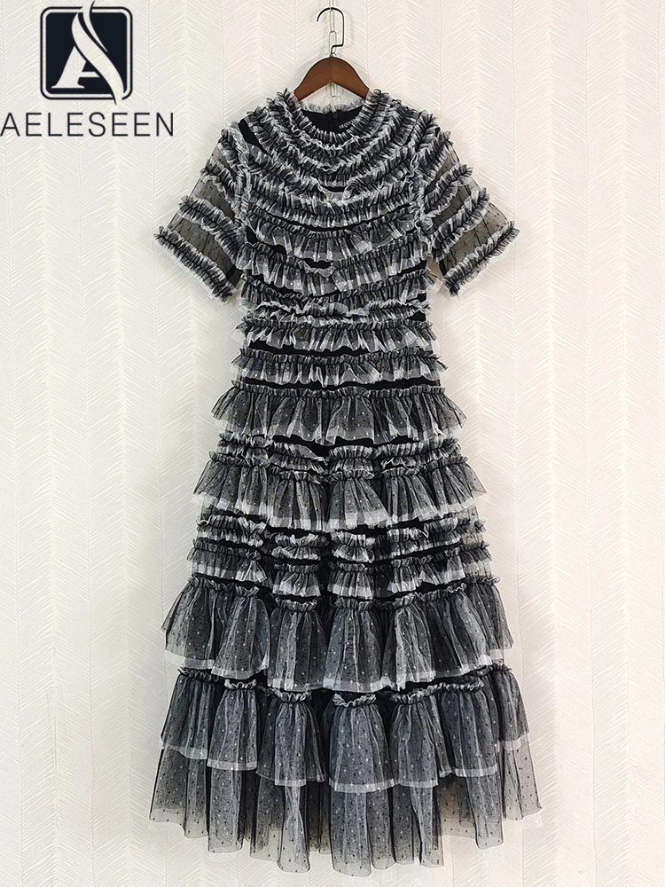 

AELESEEN Designer Fashion Black Dress Women Summer High Quality Cascading Ruffles Edible Tree Fungus 3D Elegant Long Party