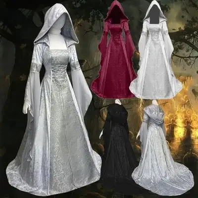 

JustSaiyan Medieval Retro Gothic Hoodie Witch Long Skirt Luxury Women's Party Dress Cosplay Vampire Halloween Adult Costume