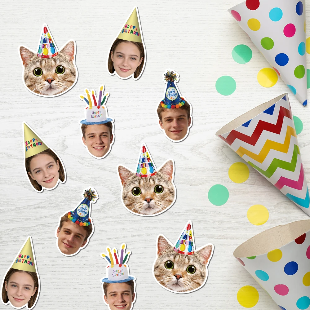 20 Stück personalisierte Fotoaufkleber mit Geburtstagshut-Muster, individuelle Gesichtsfotoaufkleber, Geburtstagsgeschenk, Partyzubehör für alles Gute zum Geburtstag – Detail 10
