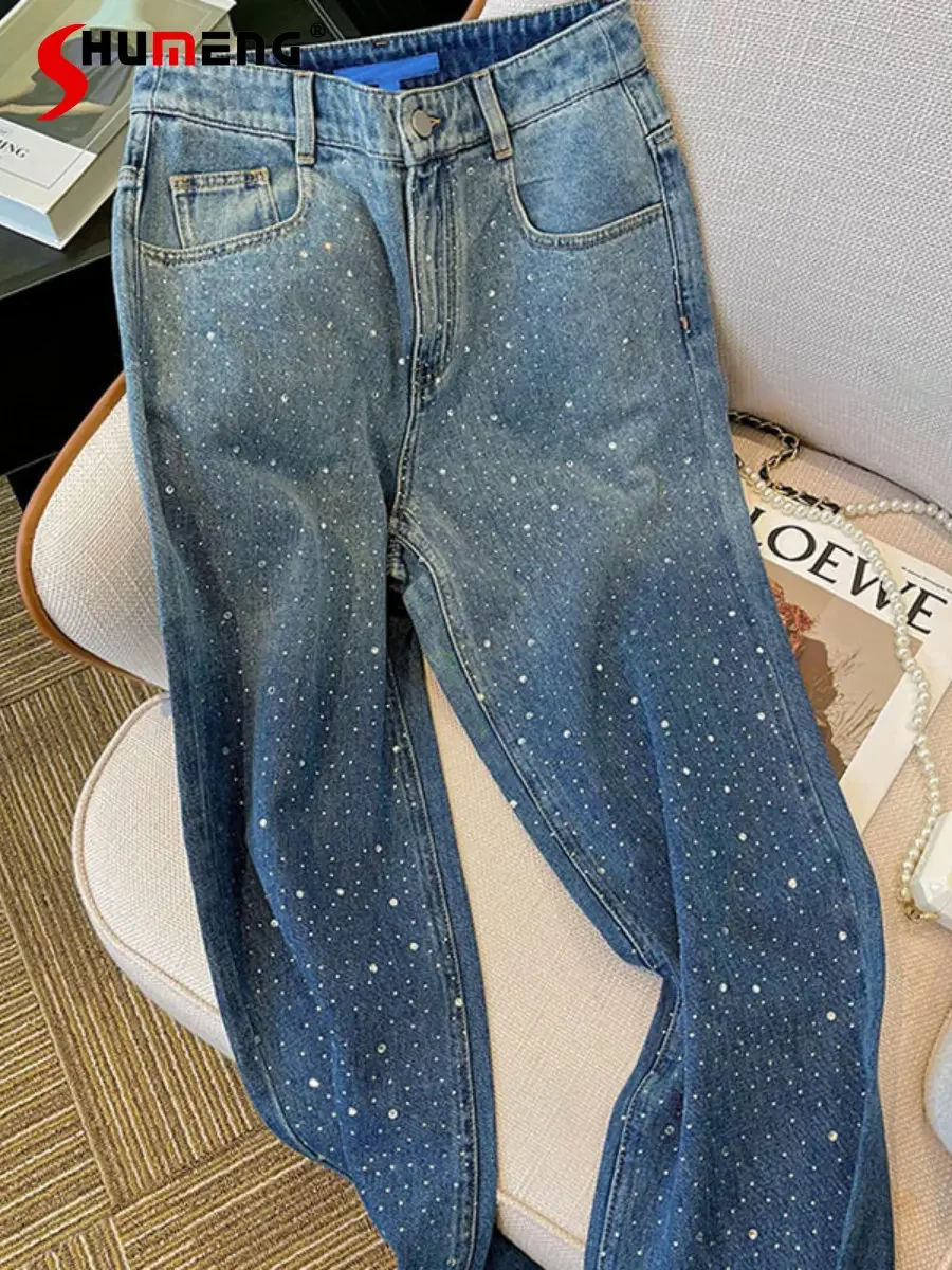 

European New Fashion Elegant Embroidery Hot Drilling Jeans Women's 2023 Spring Trendy Loose Sequined Wide-Leg Denim Pants