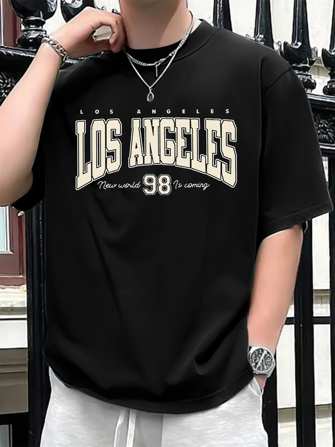 2025 new model Men's summer 100 cotton fashionable casual loose plus size Los Angeles 98 printed sports round neck short sleeved 3
