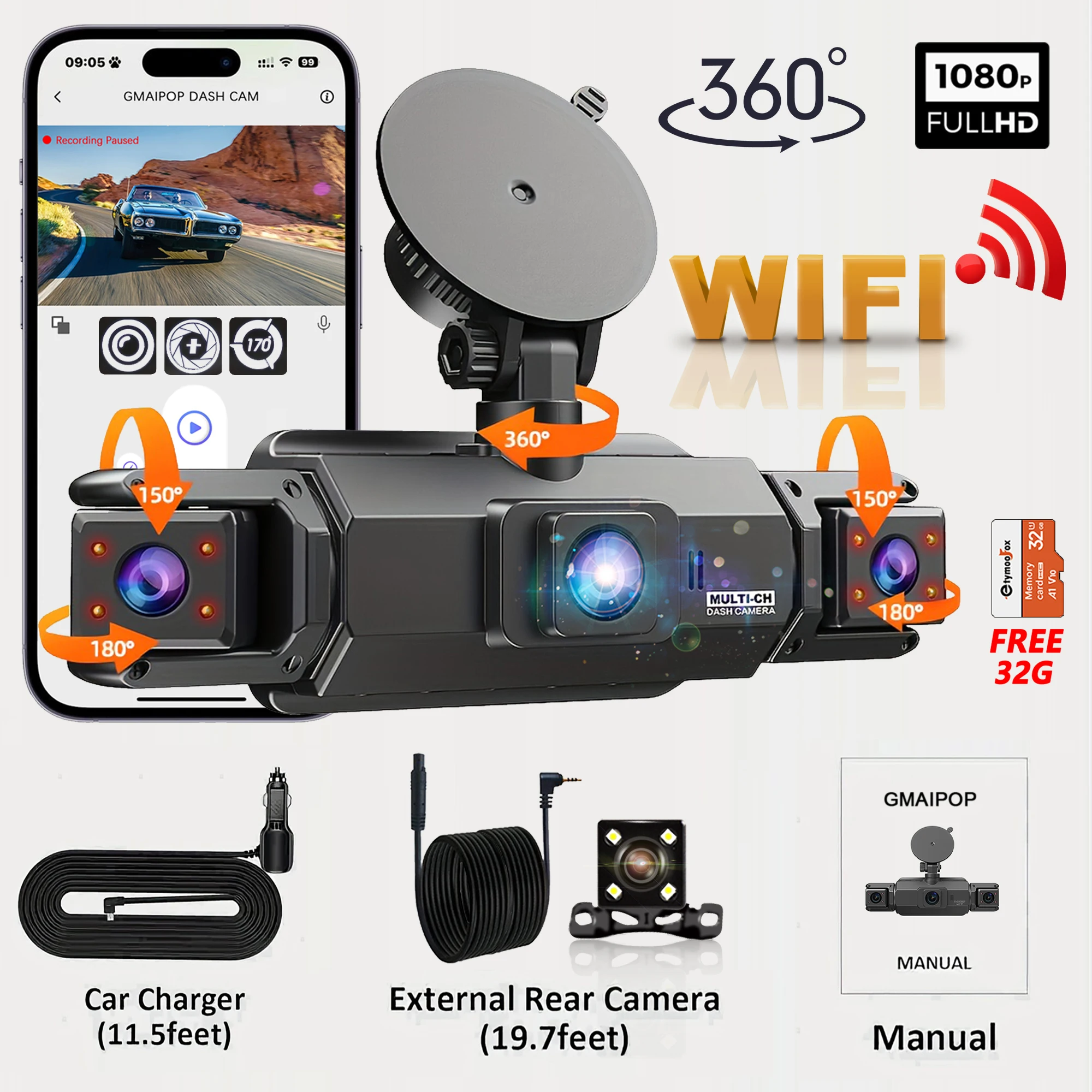 מצלמת רכב 4Ch Dash cam 360 ° מצלמת הקלטה לרכב WIFI Video Recorder Car DVR 1080P קדמית שמאלית ימנית אחורית קופסה שחורה חניה 24 שעות חלקי חילוף לרכב