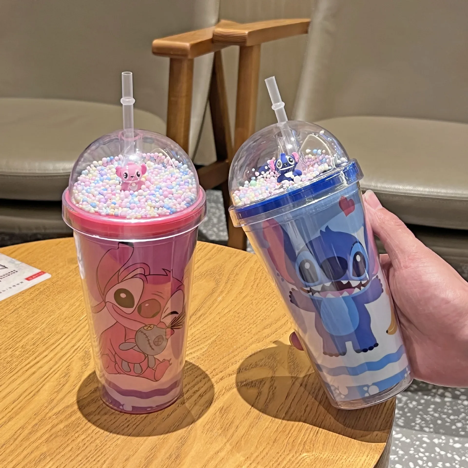 thumbnail image 4 of Vasos con pajita de Disney Stitch de 450 ml, vaso de agua de plástico de doble capa con dibujos animados de anime Stich, botella de agua portátil para niños, regalos para niños, 4 of 5