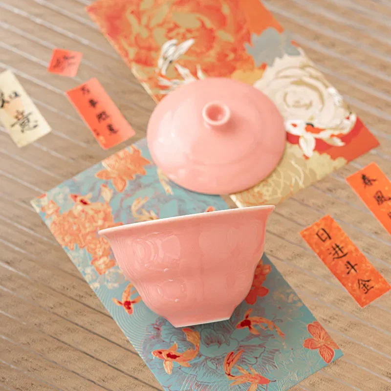 Simple Ceramic Kung Fu Tea Set One Pot and Two Cups Pink Ercai Bowl Goddess' Day Souvenirs Matcha Tools Teaware Kitchen Dining