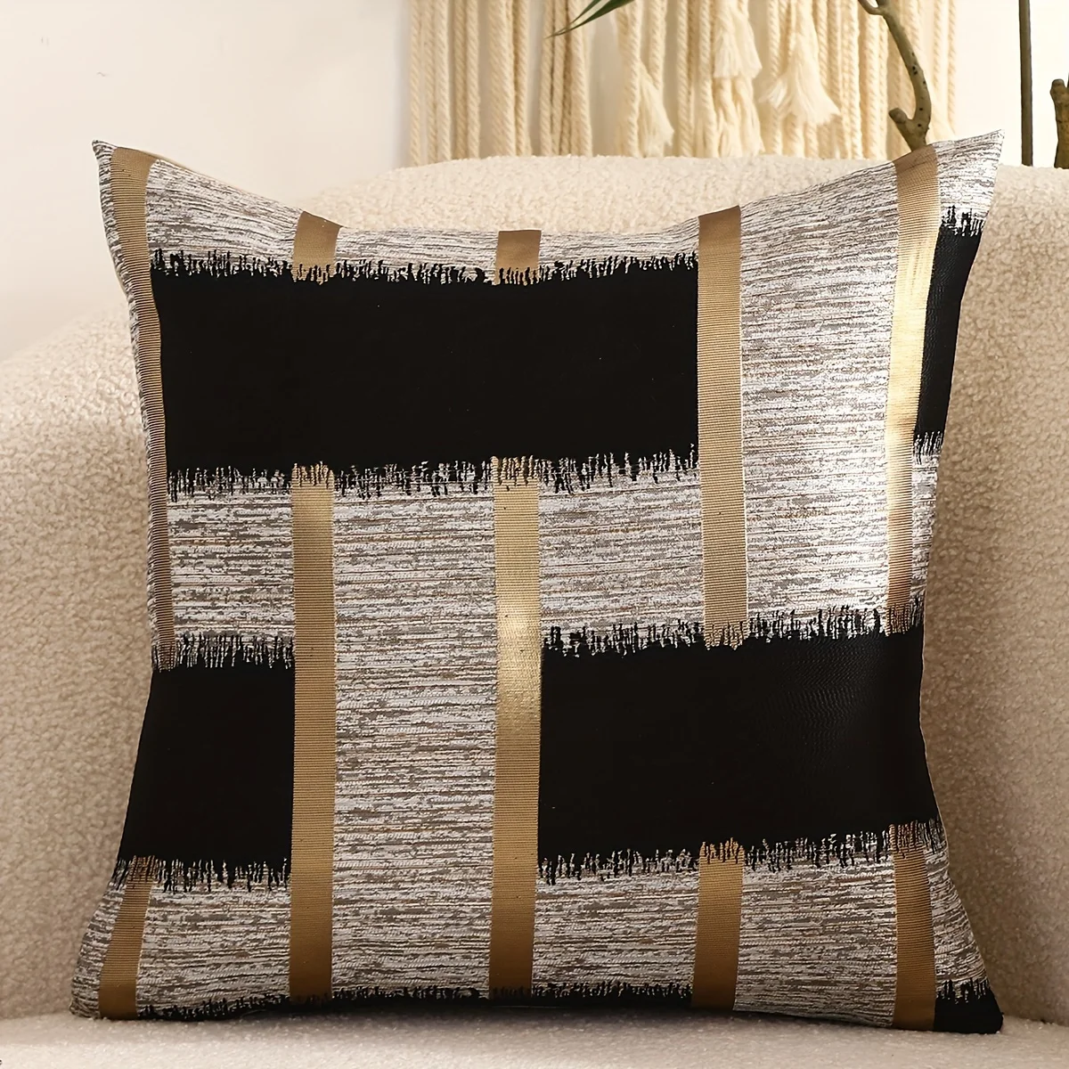 1 Piece Polyester Four Seasons Gold Silk Throw Pillow Cover With Geometric Pattern Jacquard