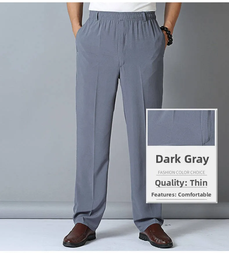 Ultra-Thin Ice Silk Elastic Waist Men's Casual Pants Qui-Drng Long Trousers for Middle-Aged And ly in Summer