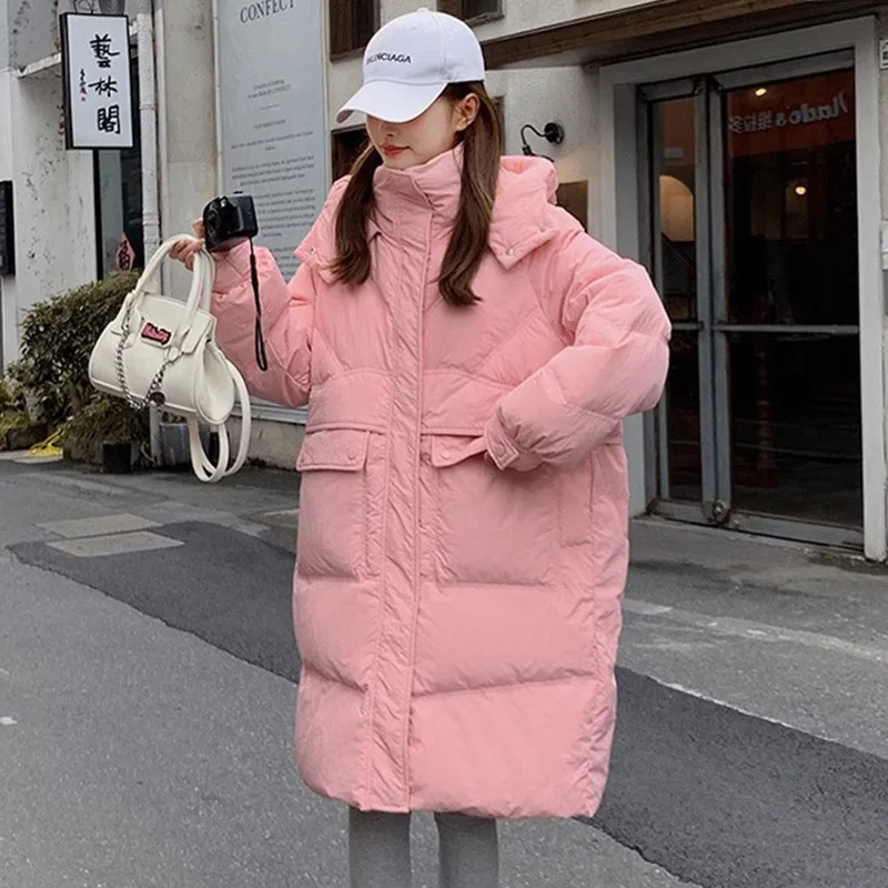 

2023 New Fashion Long Down Coat Women's Knee Length Small Thickened Loose White Duck Down Casual Winter Coat