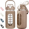 1000ML Glass Water Bottles With Straw, Glass Bottle With Silicone Sleeve And Time Marker, For Gym Home Office