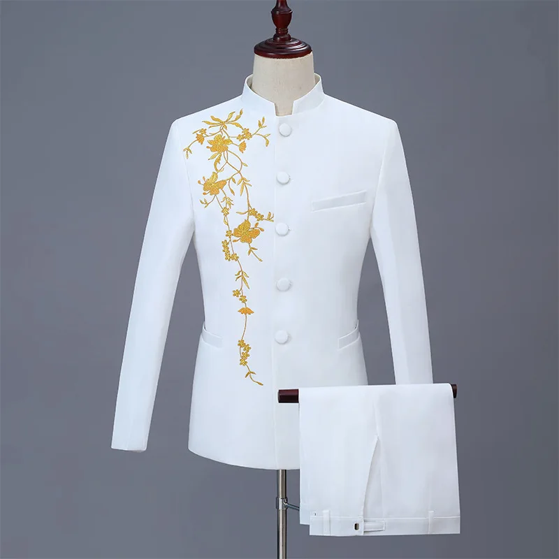 Chinoiserie Style Men Stand Collar Embroidery Suit 2 Piece Black / White / Red Fashion Men's Stage Party Perform Blazer and Pant