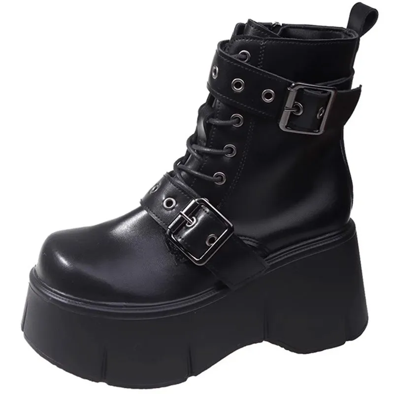 

9cm Women High Platform Punk Boots Winter 2023 British Style Thick-soled Ankle Shoes Metal Chain Short Boots New Chunky Sneakers