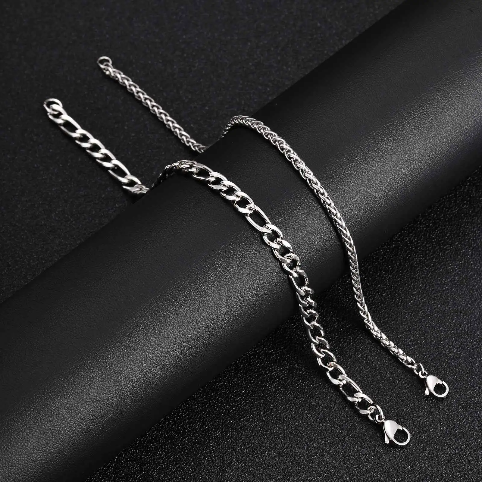2pcs Stainless Steel Bracelet for Men,Silver Color Wheat Chain Figaro Chain Link Bracelets,Hip Hop Trend Jewelry Gift
