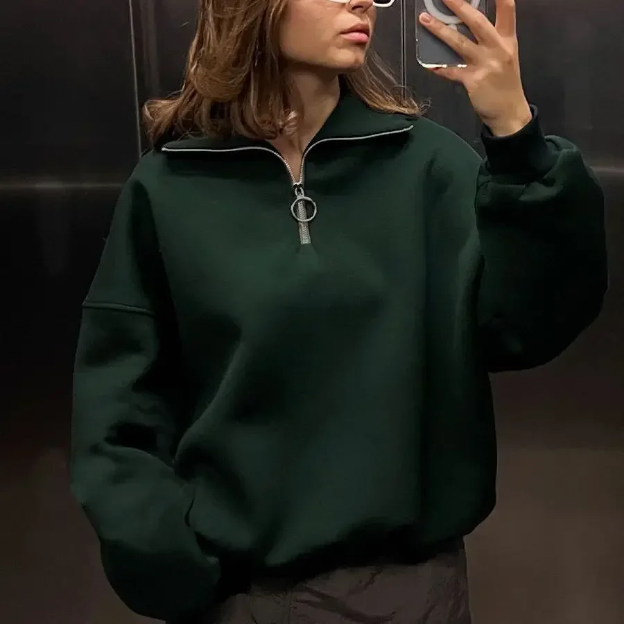 2023 Autumn Winter Women Fashion Loose Zipper Hoodie & Swaetshirts Female Solid Color Casual Long Sleeve Tops Pullovers