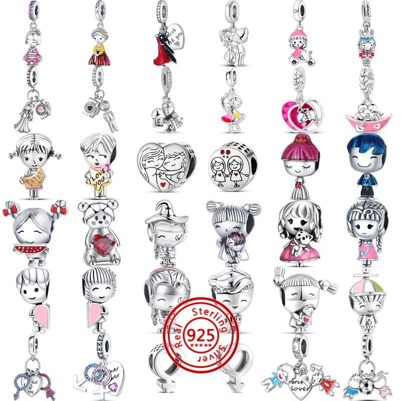 

925 Sterling Silver Male Female Symbols Cute Cartoon Boy Girl Forever Love Heart Beads Fit Pandora Charms Bracelet Fine Jewelry