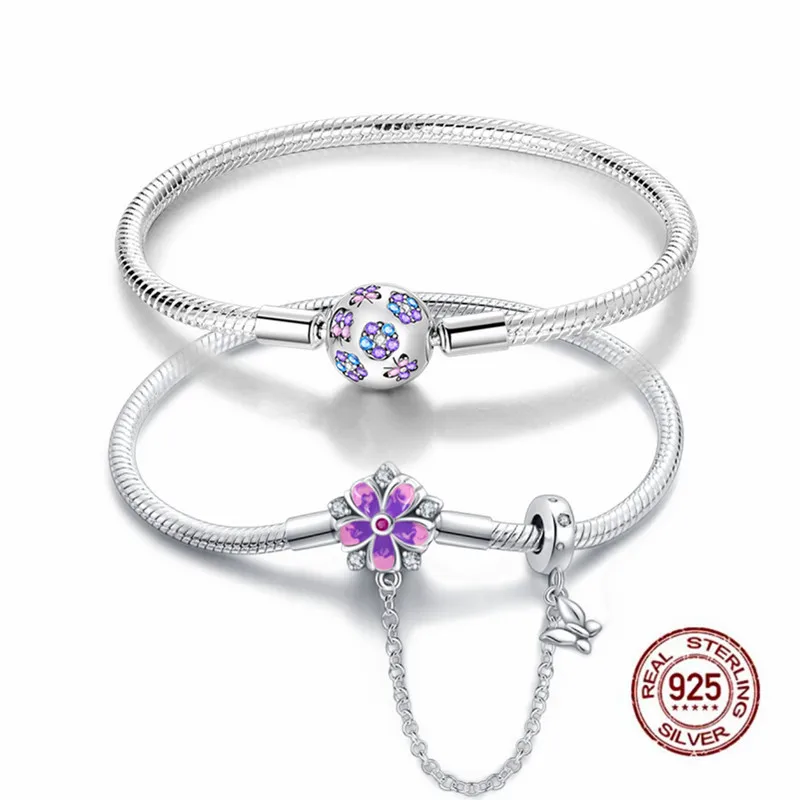 1720cmBraceletSilver925OriginalSnakeChainPurpleZirconSafe