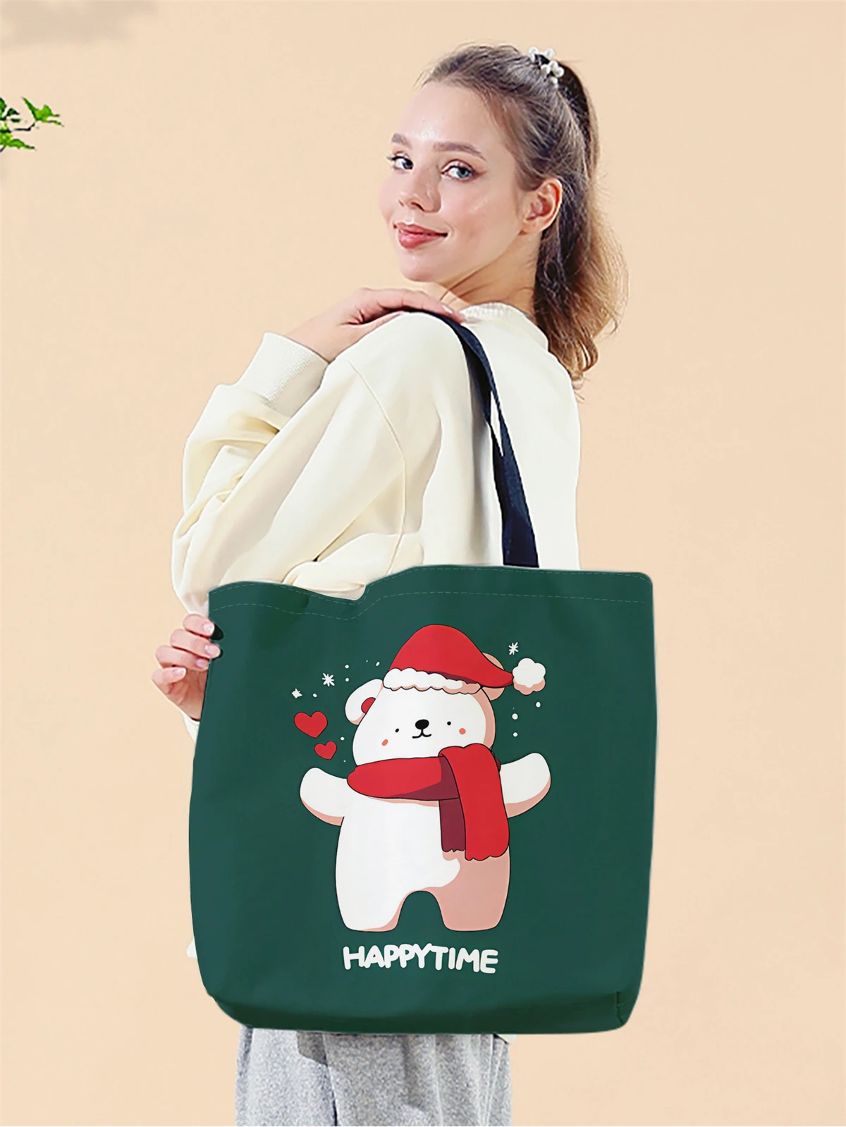 1pc,Christmas teddy bear handbag, reusable fashionable handbag, multifunctional handbag, printed canvas shopping bag