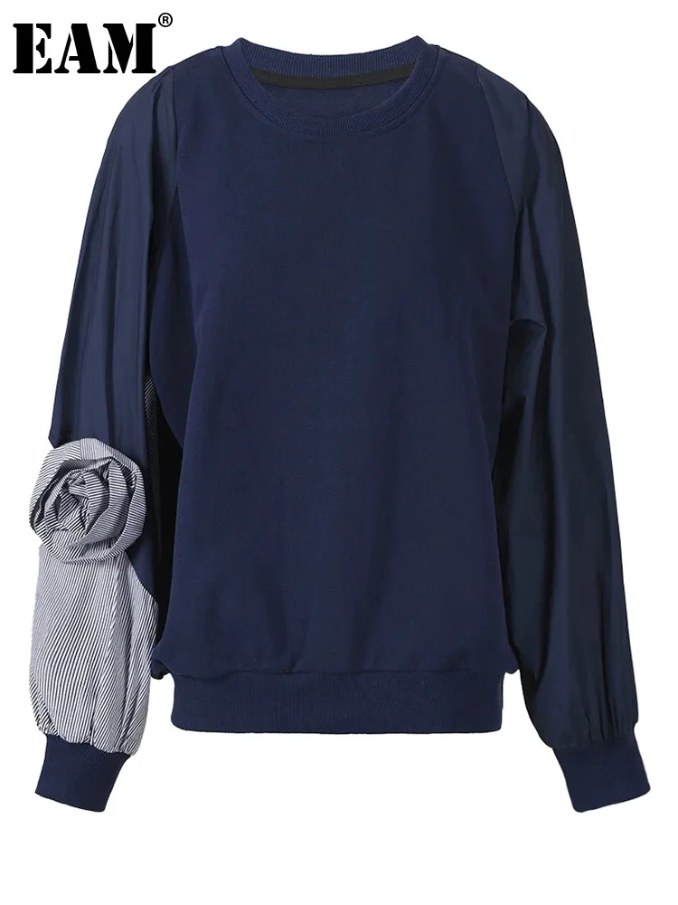 

[EAM] Navy Blue Striped Flower Sweatshirt New Round Neck Long Sleeve Women Big Size Fashion Tide Spring Autumn 2024 1DH2299