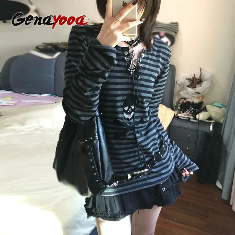 게나요아 고딕 프린트 티셔츠 여성 레이스업 스트라이프 티셔츠 Y2k 빈티지 그런지 탑 펑크 스타일 스트릿웨어 일본 2000년대 탑 - AliExpress