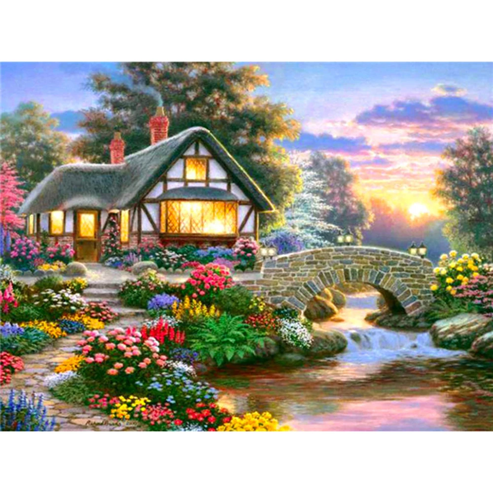 thumbnail image 1 of Pintura de diamante hecha a mano, paisaje de casa de zapatos, puente, cuadrado completo, 5D, bordado de diamantes, mosaico, decoración, 1 of 5