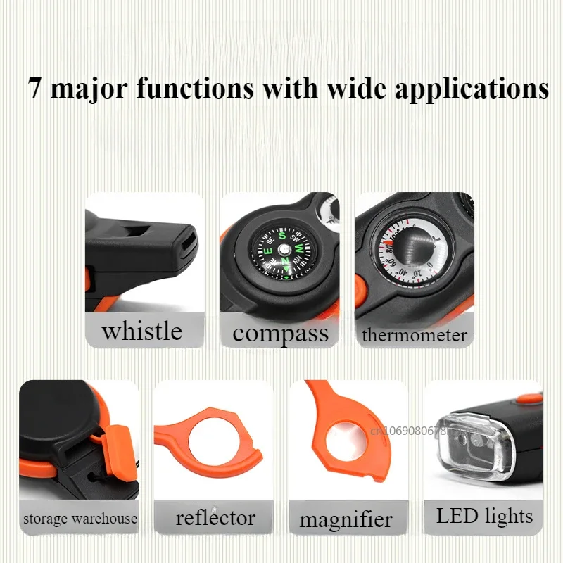 7-in-1 Multifunctional Whistle Outdoor Camping Survival Whistle with LED Light Thermometer Compass Hiking Travel Accessories