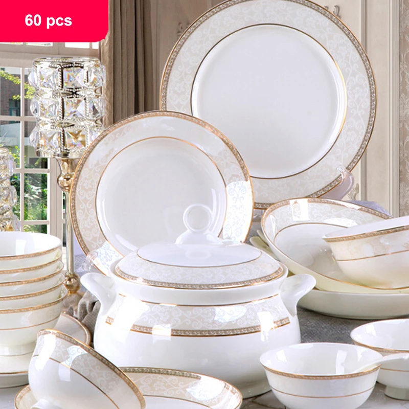 Porcelain Dinner Set 60 pcs Jingdezhen Ceramics Chinese Dishes Rice Bowl Salad Noodles Bowl Dinnerware Set Tableware