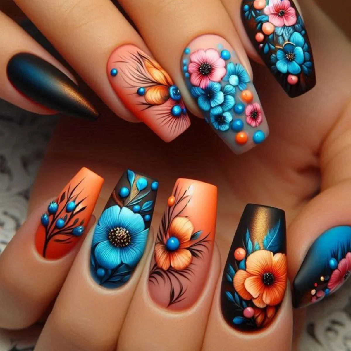24 De uñas postizas moradas con diseños de flores, decoración