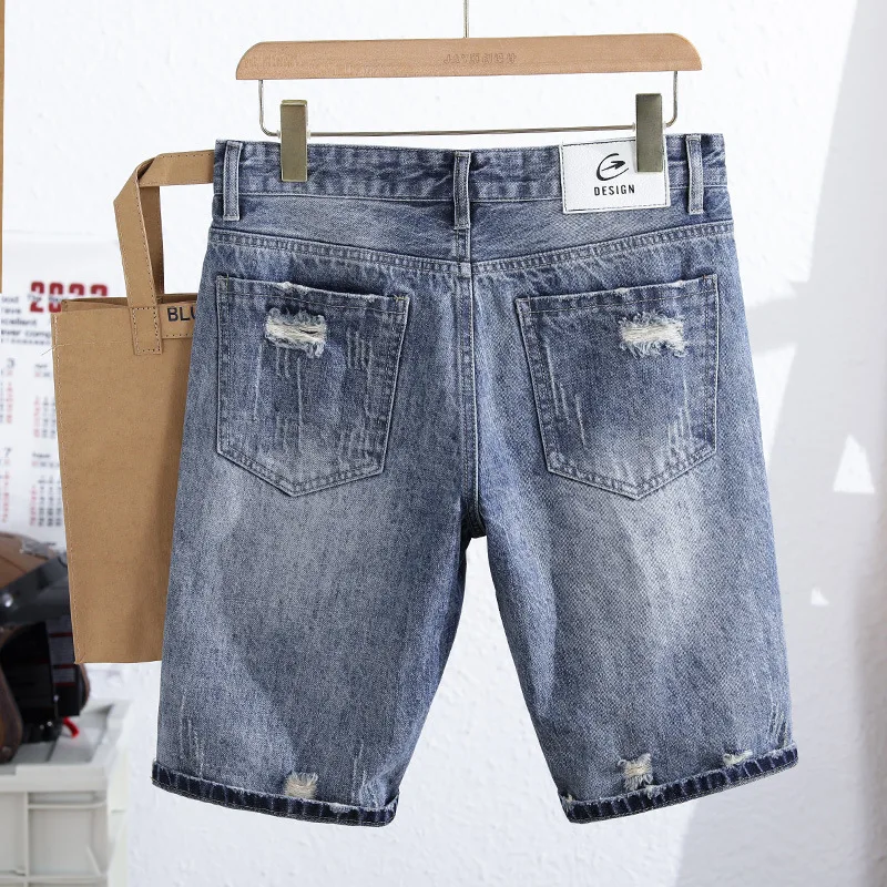 Big Pocket Digital Pasted Denim Shorts Men Summer Scraped Thread End Pure Cotton Slim Fit Fold Stitching Line Broken Hole Zipper