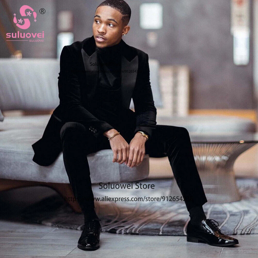 Fashion Black Velvet Suits For Men Slim Fit 2 Piece Pants Set Formal African Grooms Wedding Peaked Lapel Tuxedo Blazer Masculino