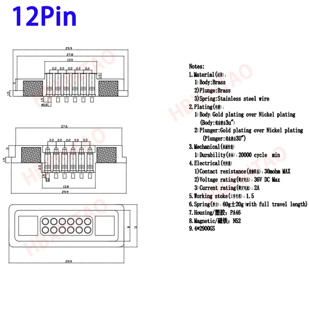 2er-Set 2A 12-Pin 20-Pin DC Magnetischer Pogo-Pin-Steckverbinder (Pogopin) Stecker und Buchse mit Flachbandkabel, federbelasteter DC-Stromanschluss – Detail 7