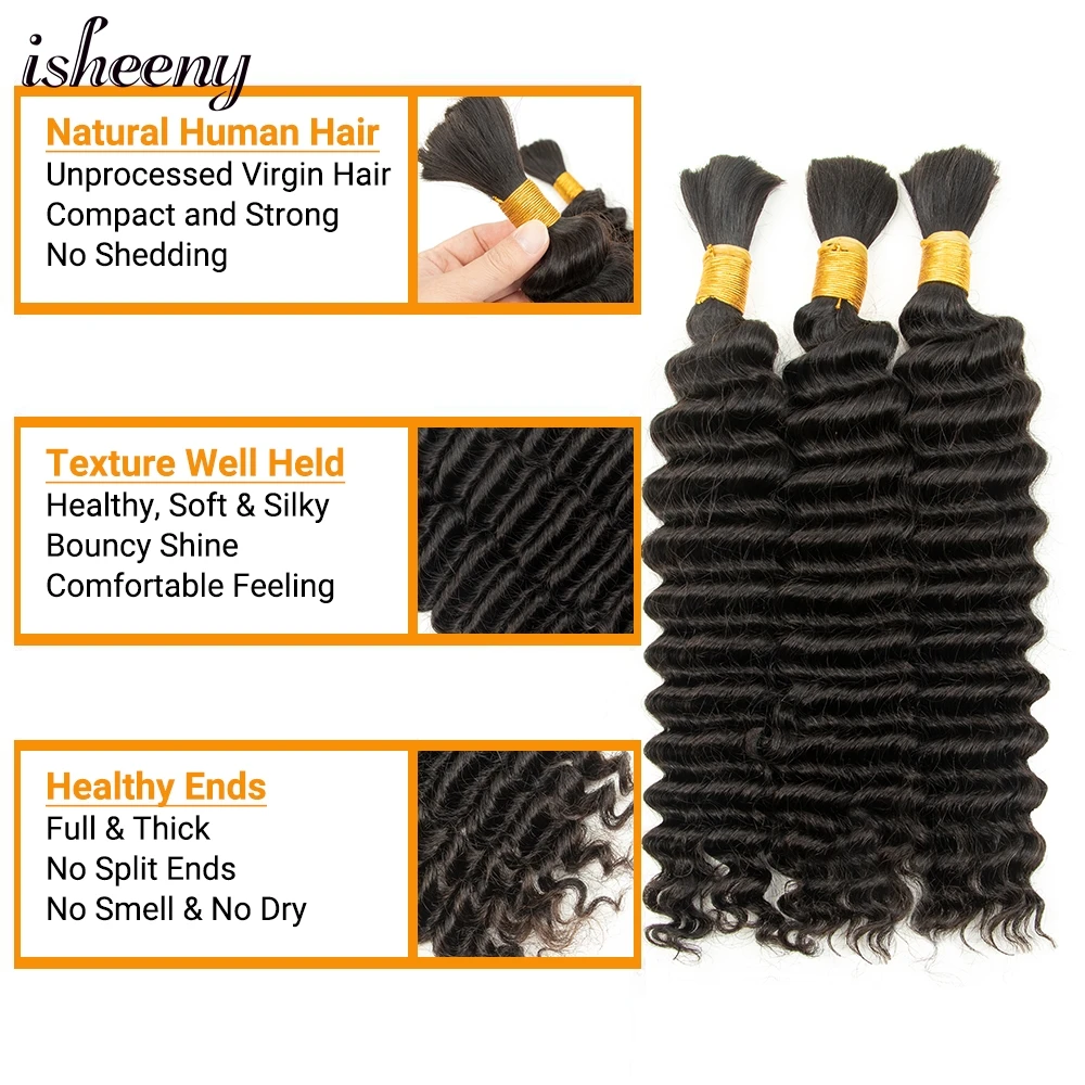 isheeny Loose Deep Wave Human Hair Bundles No Sewing Brazilian Virgin Human Hair Natural Black Color 1B 100G 8"-30" Bulk