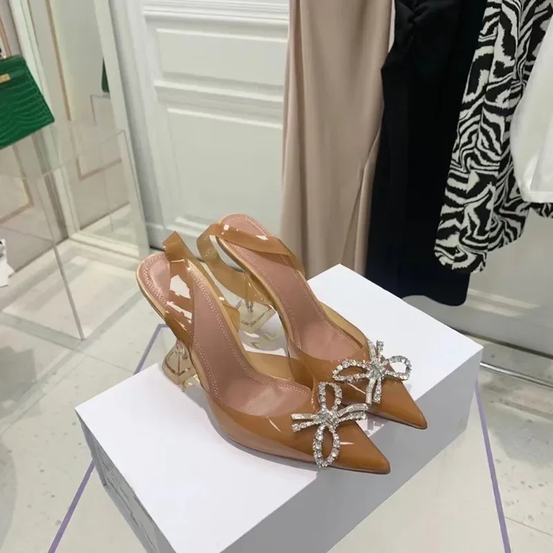 

beige Crystal Bow Slingbacks knot Women heeled AMINA MUADDI PVC transparent pointed toe sandals Sunflower rhinestone shoes