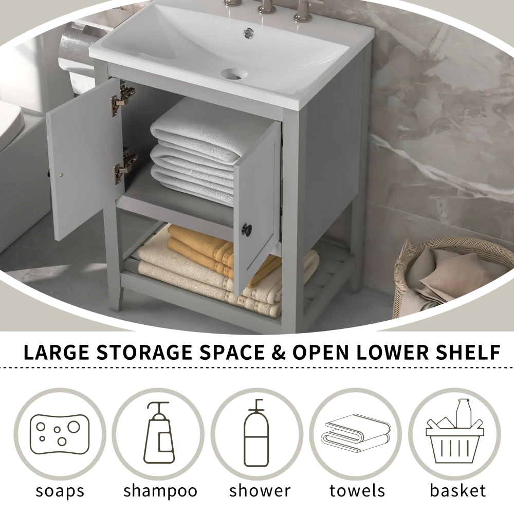 [VIDEO] 24" Grey Modern Sleek Bathroom Vanity Elegant Ceramic Sink With Solid Wood Frame Open Style Shelf (OLD SKU: JL000004AAE) 6