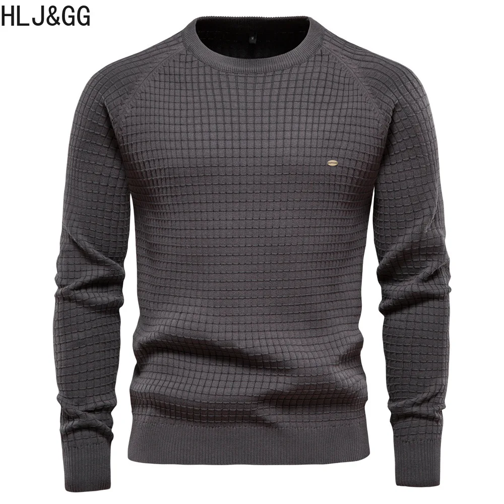 HLJ&GG Winter Autumn Solid Color O-neck Men Sweaters Fashion Plaid Knitted Pullover High Quality Warm Male Sweater Pullovers