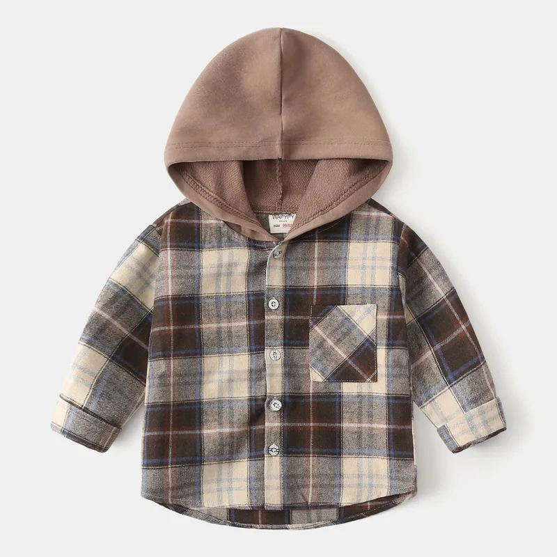 Autumn children's clothing long-sleeved shirts boys' hooded plaid shirts baby tops kids costumes