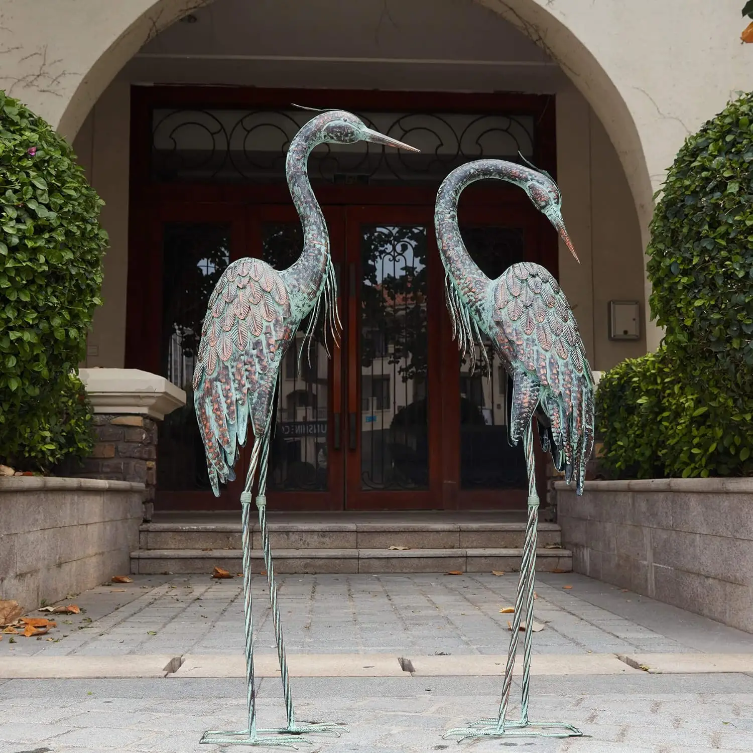 

Garden Crane Statues, Standing Metal Patina Heron Decoy Outdoor Statue, 42-46 Inch Bird Yard Art for Patio Lawn Pond, Set of 2