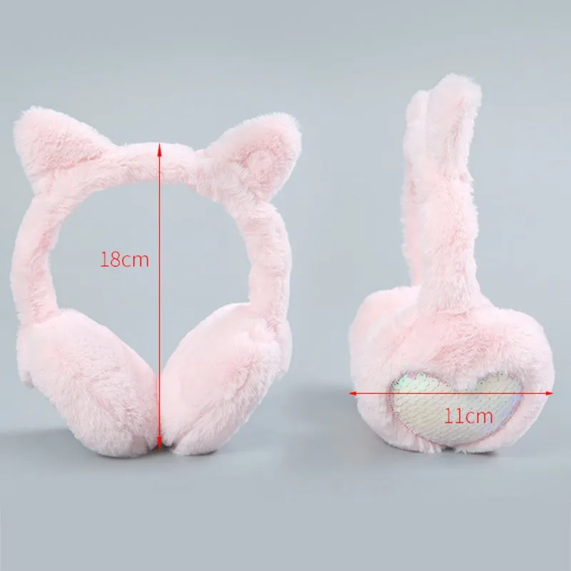 New Cute Women Winter Warm Earmuffs Glitter Sequin Cat Ear Soft Plush Solid Color Love Earmuffs Cold Protection Warm Hot 1PCS