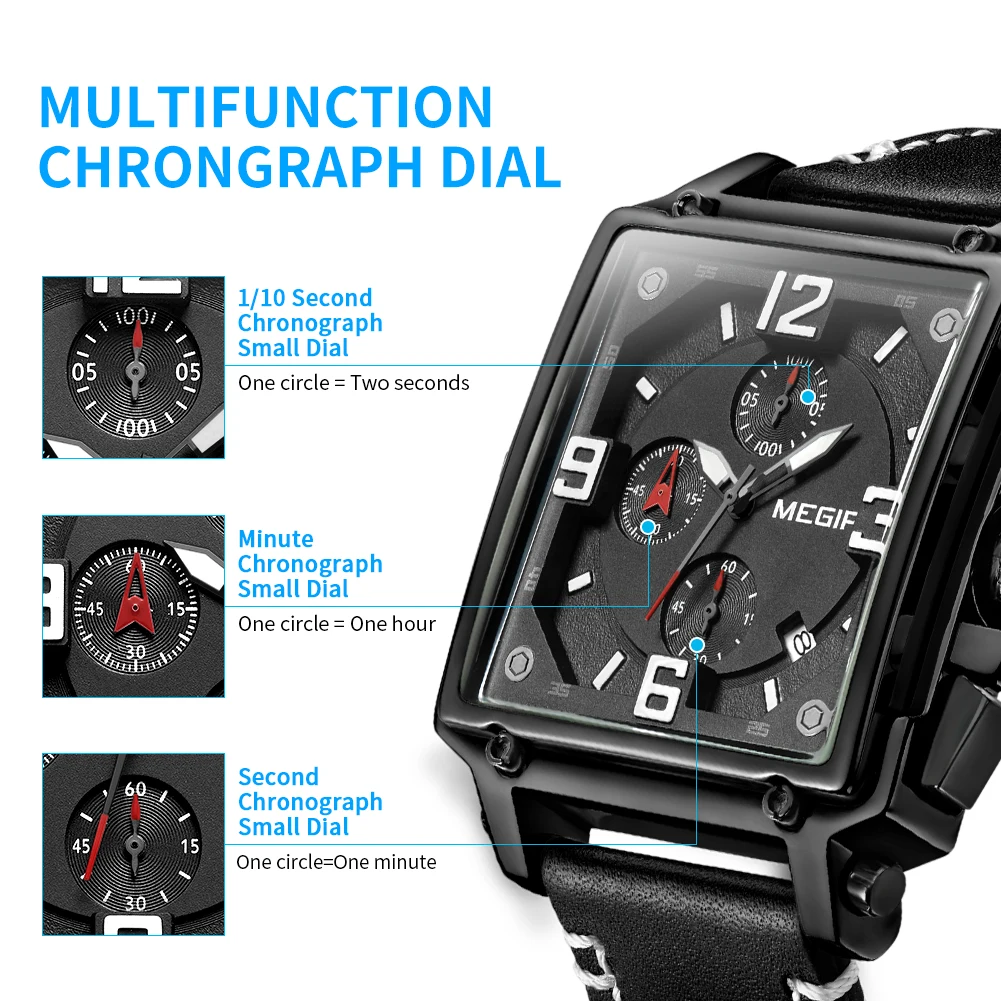 MEGIR Original Fashion Square Quartz Watches Men Sports Military Wristwatch Calendar Waterproof Chronograph Male Montre Homme - 3