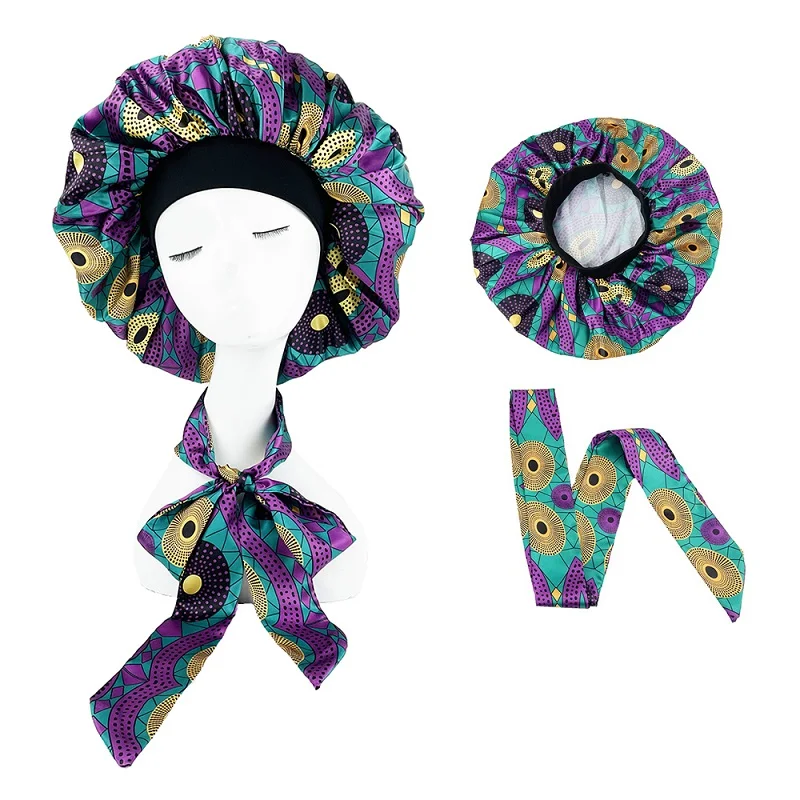 Extra Large African Pattern Print Satin Bonnet Women Night Sleep Cap Adjustable Wide Band Elastic Head Wrap Hair Bonnet Hat 4