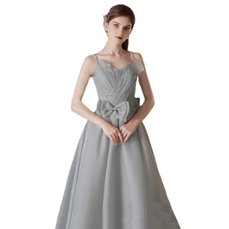 Robe de soirée longue grise en Tulle, élégante, bretelles Spaghetti, perles, ligne a, robes de bal pour femmes, 2022