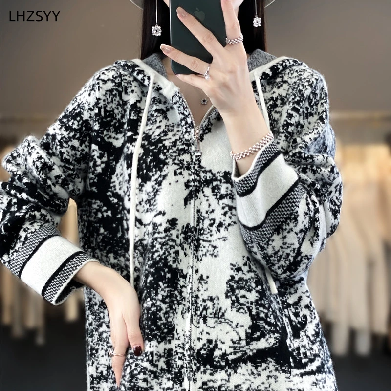 LHZSYY 여성용 후드 캐시미어 스웨터, 지퍼 니트 가디건, 가을 겨울, 신상 그래피티 코트, 따뜻한 라지 사이즈 셔츠, 숙녀 재킷